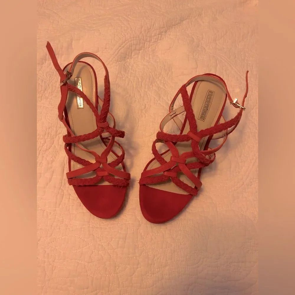 BCBG orangey-red braided strappy high stiletto Heels Sz 8